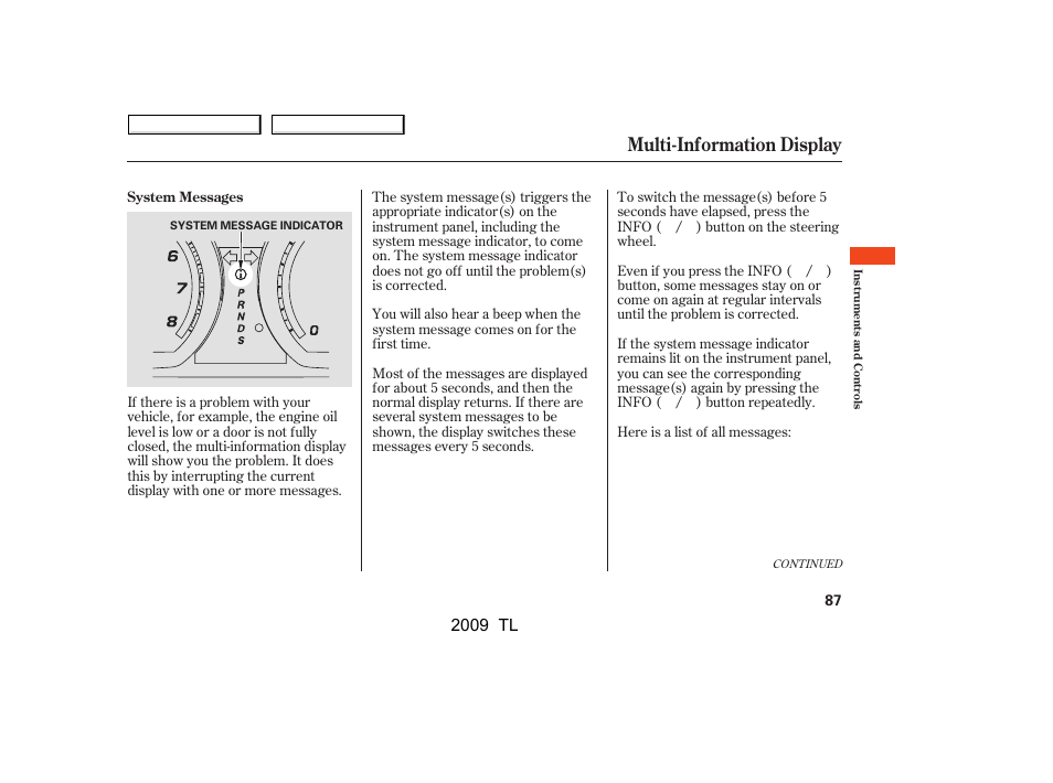 Multi-information display, 2009 tl | Acura 2009 TL - Owner's Manual User Manual | Page 90 / 648