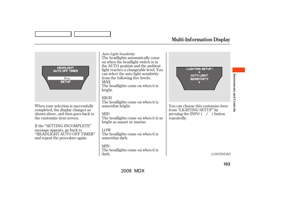 Multi-information display | Acura 2008 MDX - Owner's Manual User Manual | Page 107 / 489