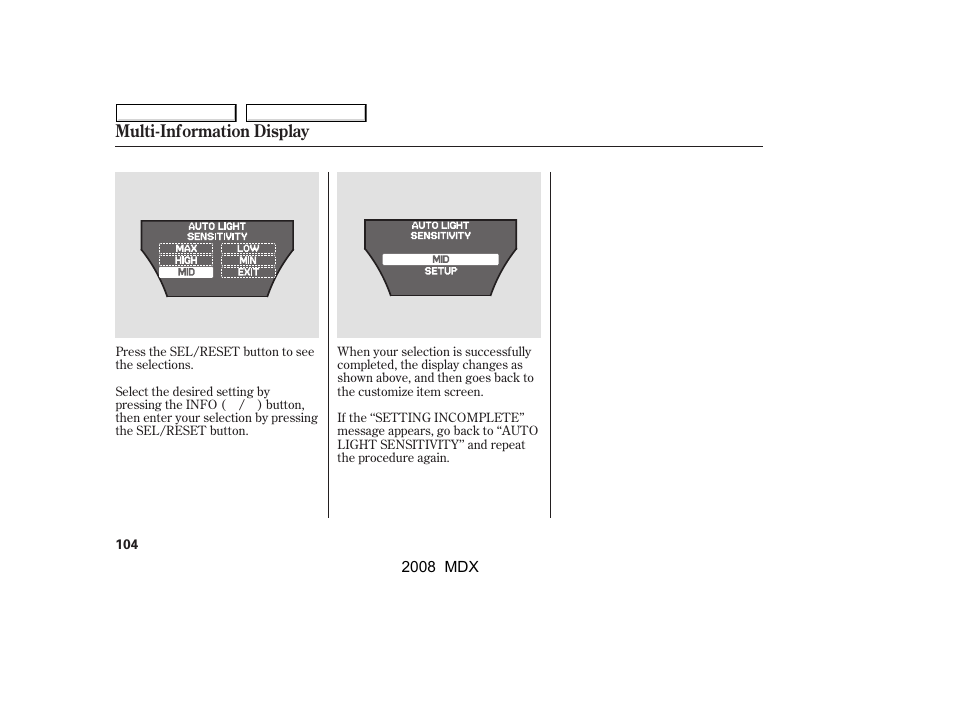 Multi-information display | Acura 2008 MDX - Owner's Manual User Manual | Page 108 / 489