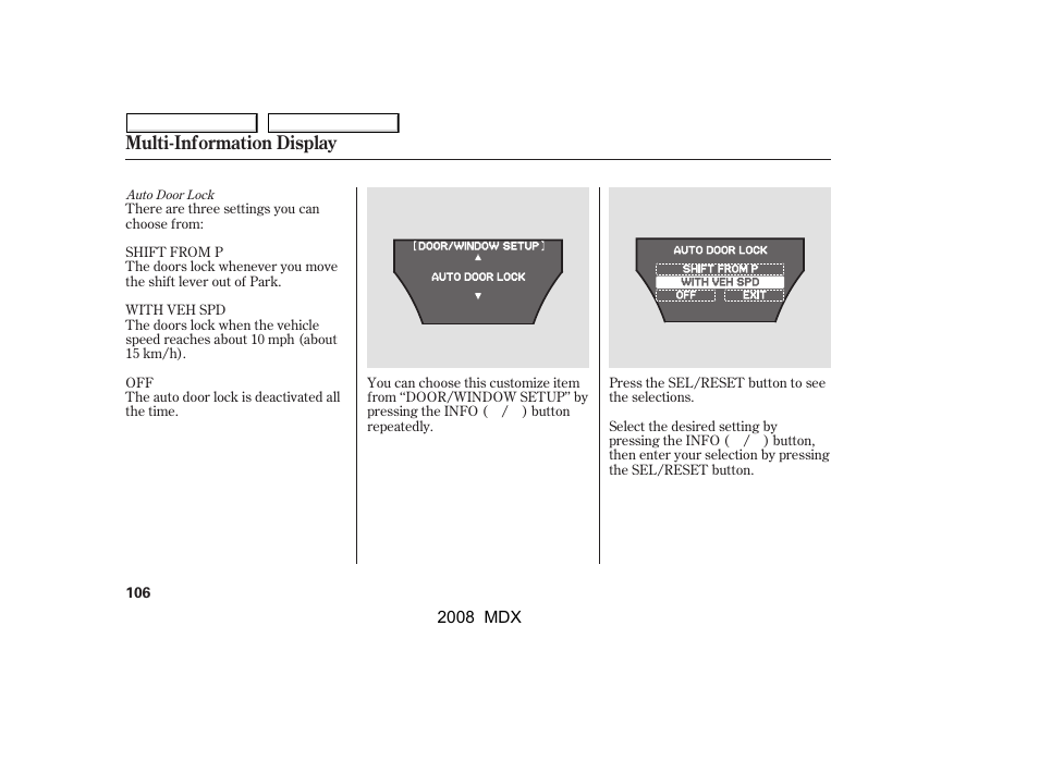 Multi-information display | Acura 2008 MDX - Owner's Manual User Manual | Page 110 / 489