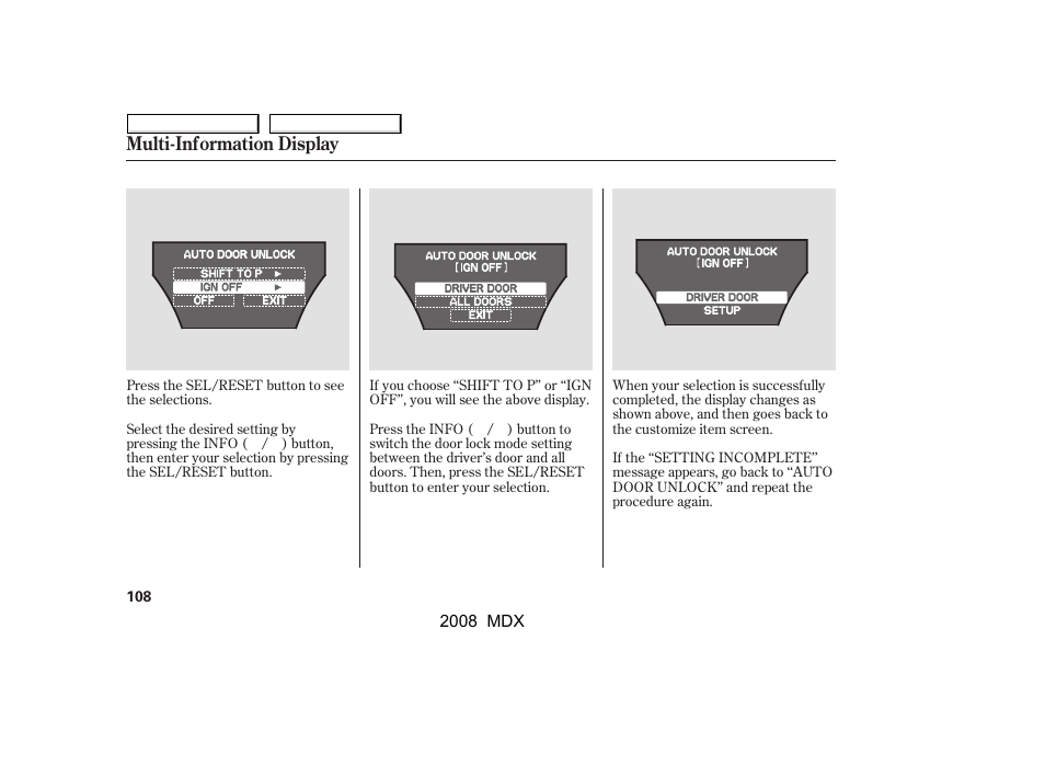 Multi-information display | Acura 2008 MDX - Owner's Manual User Manual | Page 112 / 489