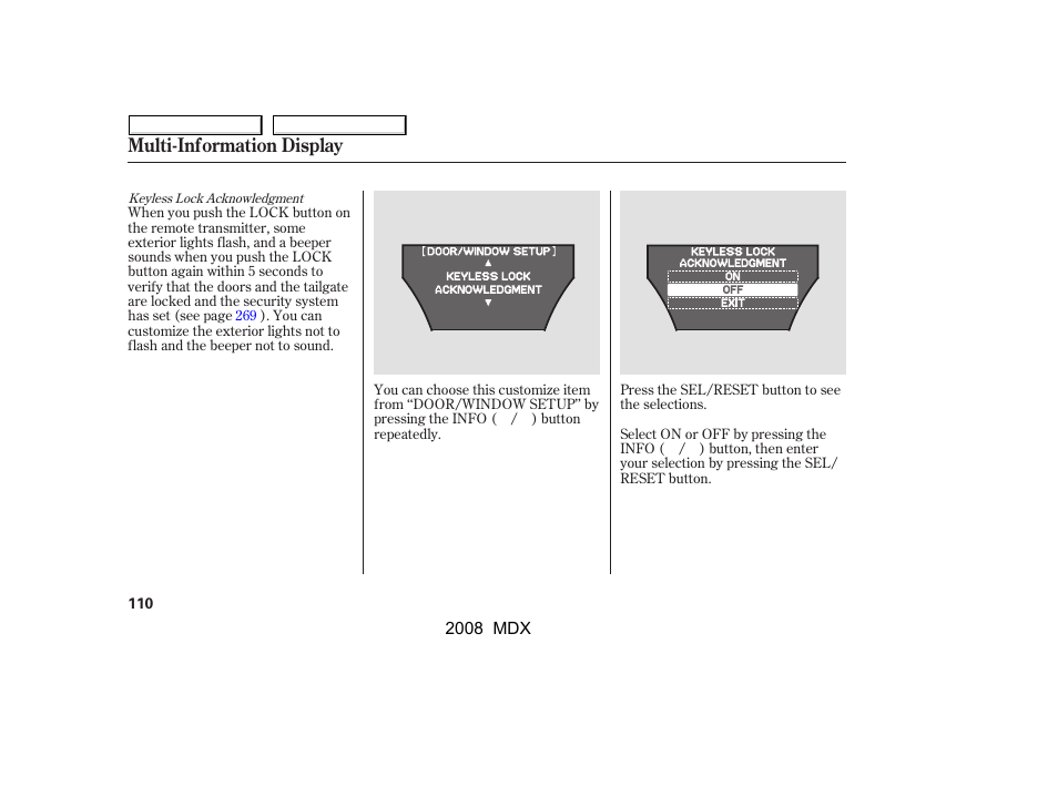 Multi-information display | Acura 2008 MDX - Owner's Manual User Manual | Page 114 / 489