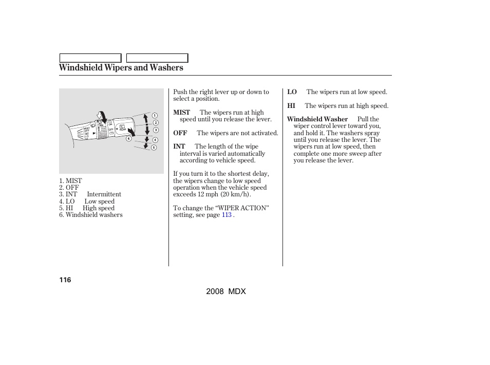 Windshield wipers and washers | Acura 2008 MDX - Owner's Manual User Manual | Page 120 / 489