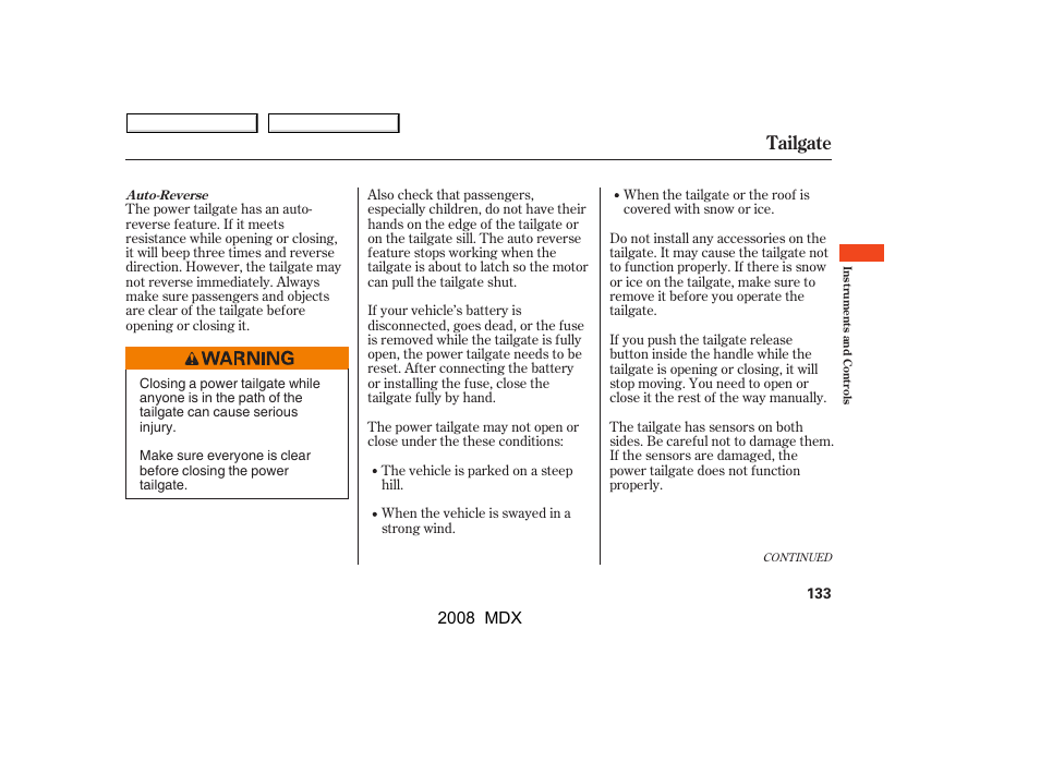 Tailgate | Acura 2008 MDX - Owner's Manual User Manual | Page 137 / 489