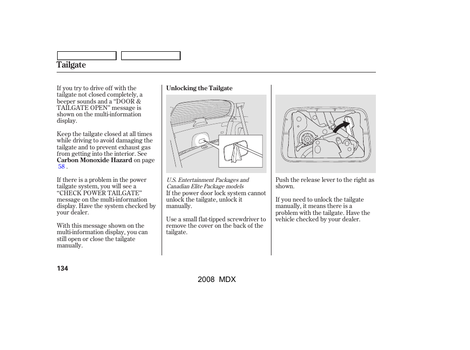 Tailgate | Acura 2008 MDX - Owner's Manual User Manual | Page 138 / 489