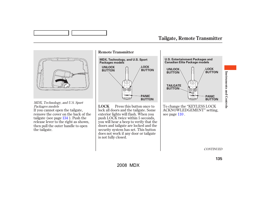 Tailgate, remote transmitter, 2008 mdx | Acura 2008 MDX - Owner's Manual User Manual | Page 139 / 489
