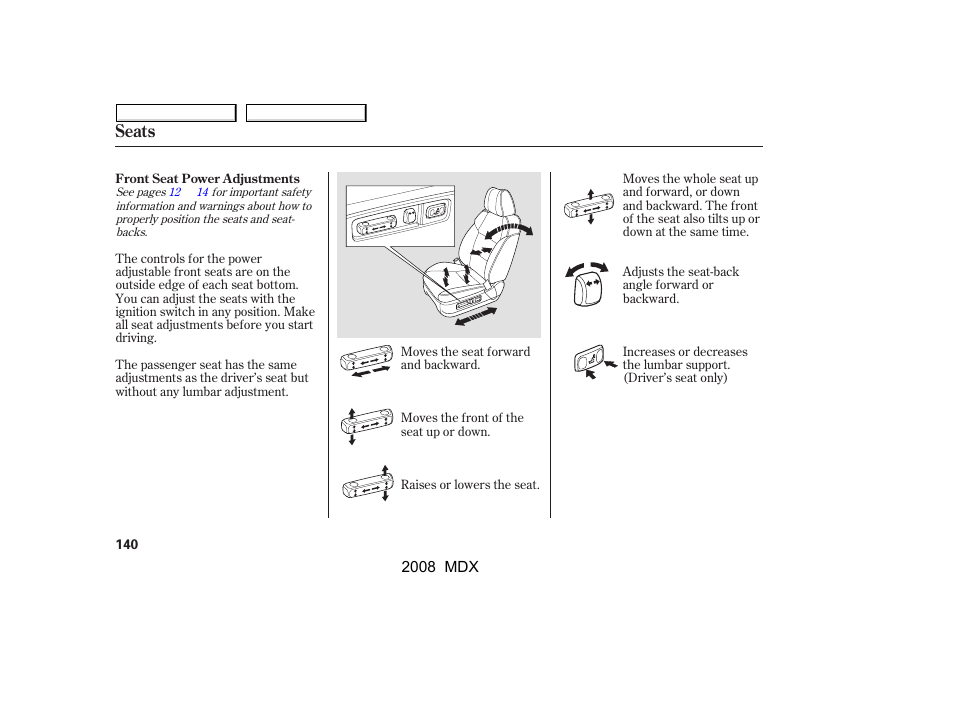 Seats | Acura 2008 MDX - Owner's Manual User Manual | Page 144 / 489