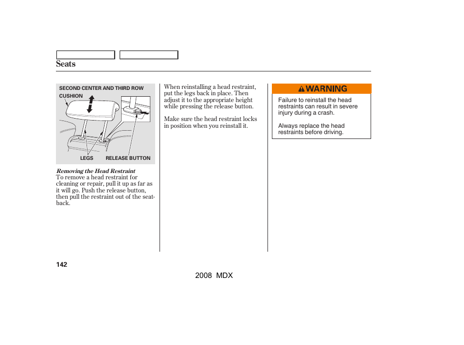 Seats | Acura 2008 MDX - Owner's Manual User Manual | Page 146 / 489