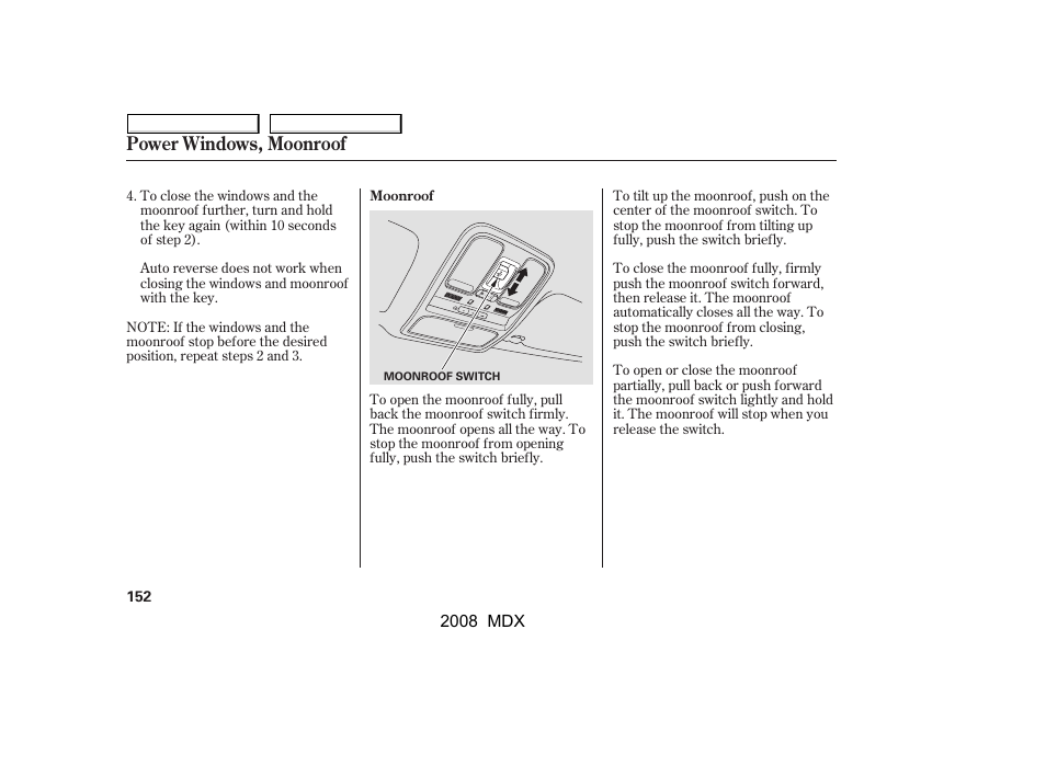 Power windows, moonroof | Acura 2008 MDX - Owner's Manual User Manual | Page 156 / 489