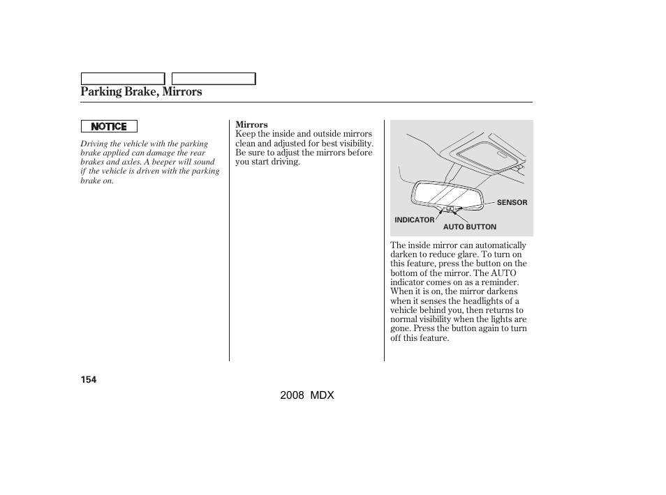 Parking brake, mirrors | Acura 2008 MDX - Owner's Manual User Manual | Page 158 / 489