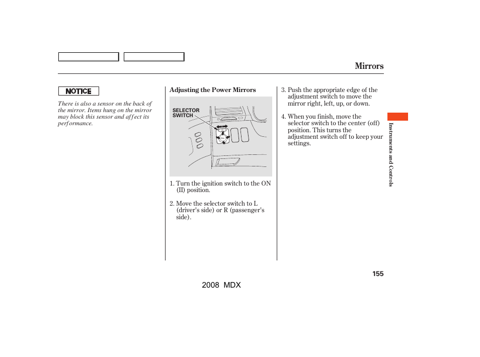 Mirrors | Acura 2008 MDX - Owner's Manual User Manual | Page 159 / 489