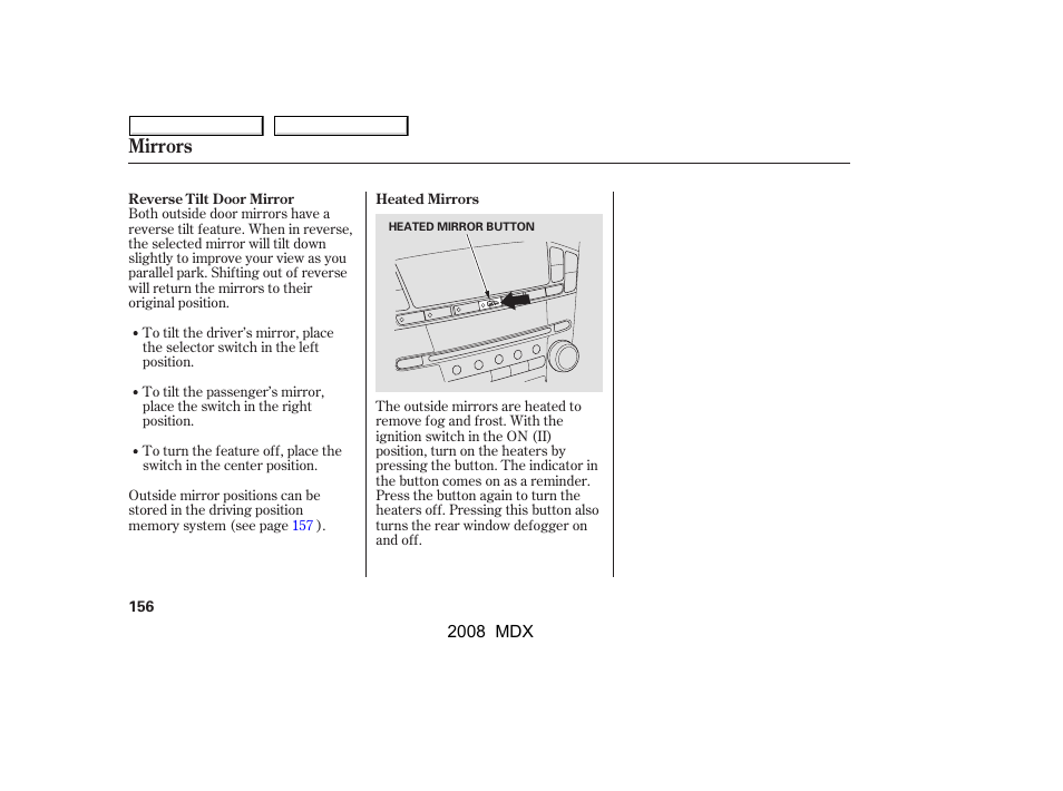 Mirrors | Acura 2008 MDX - Owner's Manual User Manual | Page 160 / 489