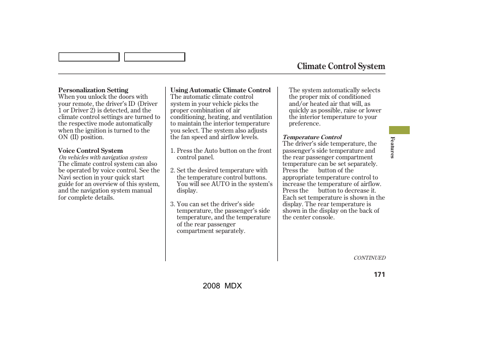 Climate control system | Acura 2008 MDX - Owner's Manual User Manual | Page 175 / 489