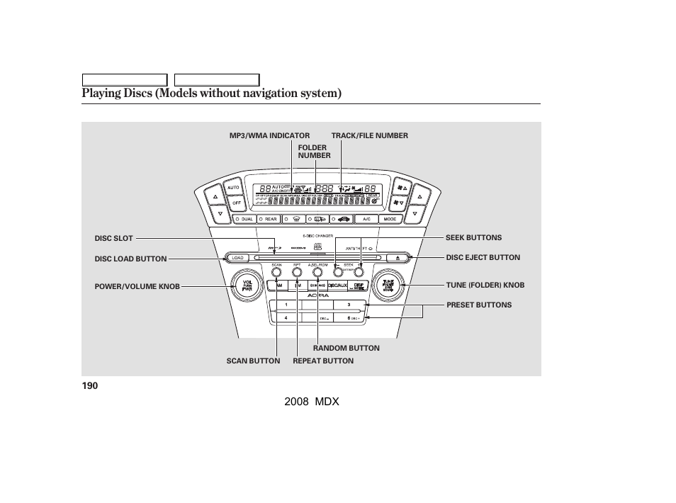 Playing discs (models without navigation system), 2008 mdx | Acura 2008 MDX - Owner's Manual User Manual | Page 194 / 489