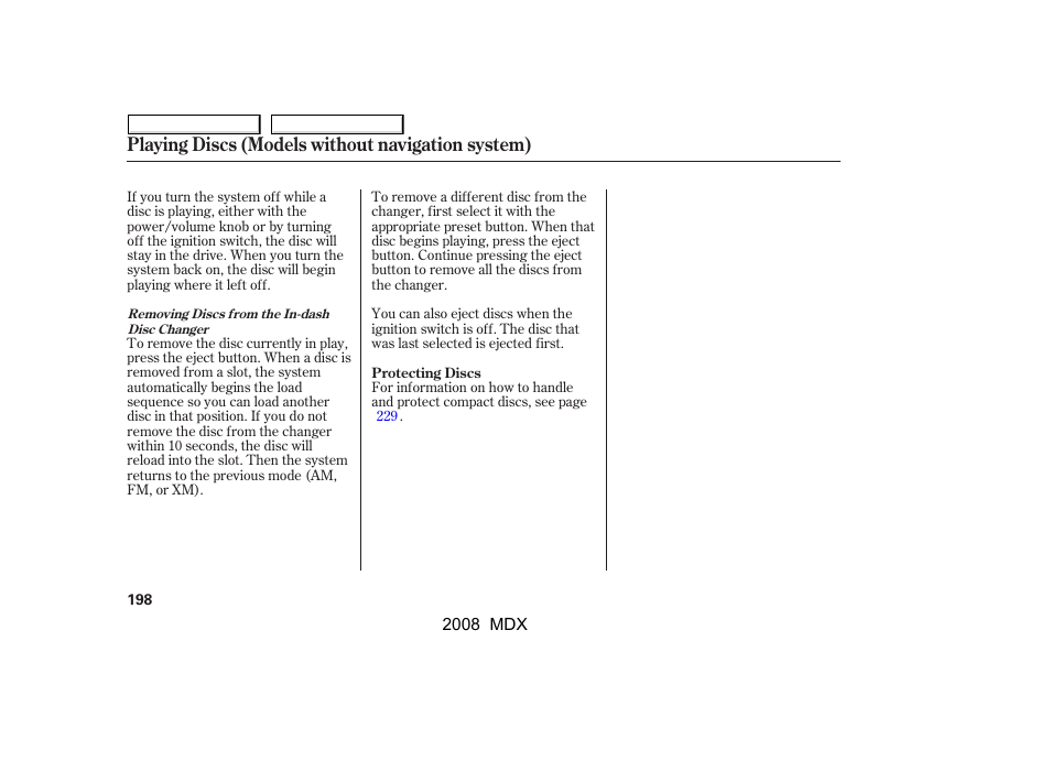 Playing discs (models without navigation system) | Acura 2008 MDX - Owner's Manual User Manual | Page 202 / 489