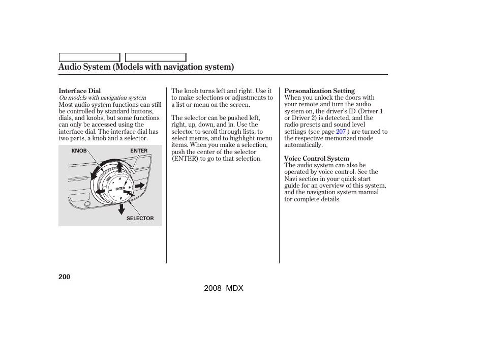 Audio system (models with navigation system) | Acura 2008 MDX - Owner's Manual User Manual | Page 204 / 489