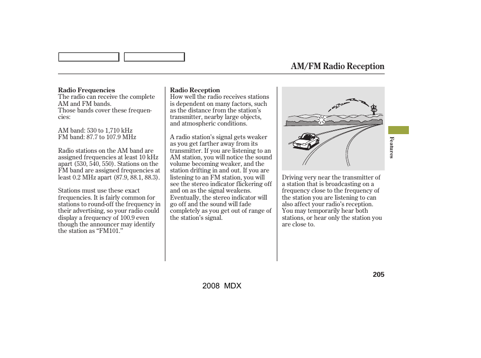 Am/fm radio reception | Acura 2008 MDX - Owner's Manual User Manual | Page 209 / 489