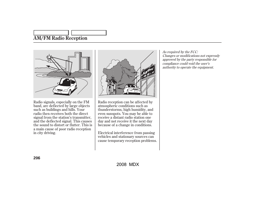 Am/fm radio reception | Acura 2008 MDX - Owner's Manual User Manual | Page 210 / 489