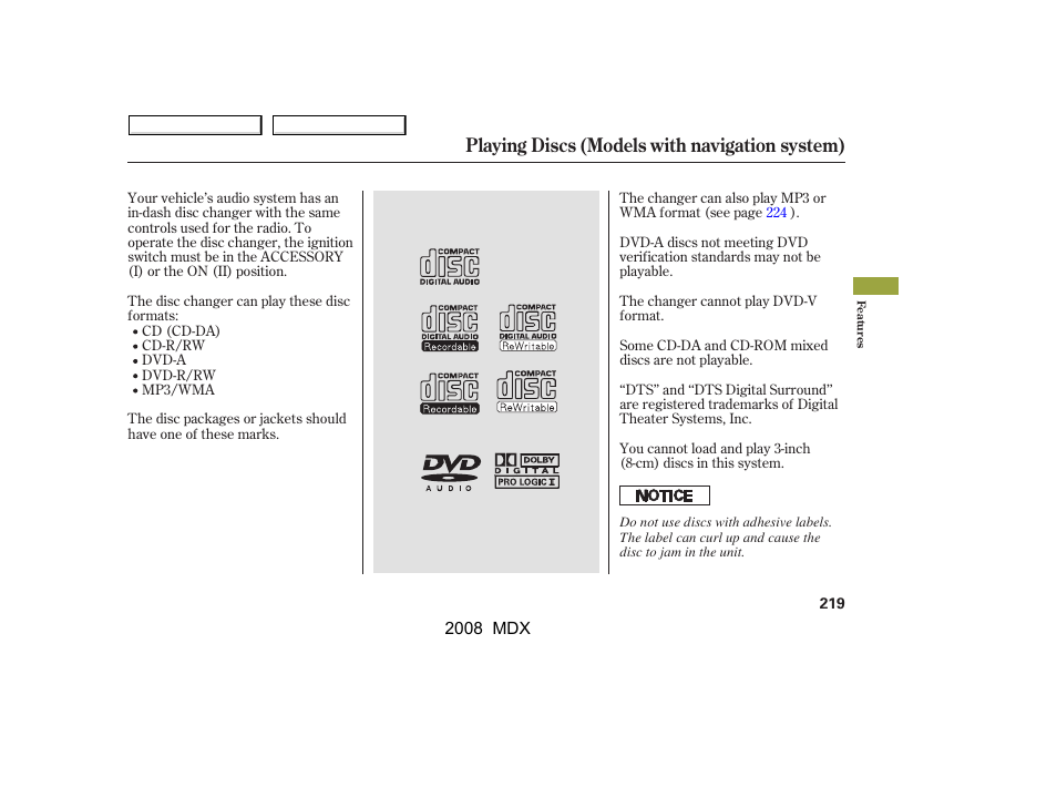 Playing discs (models with navigation system) | Acura 2008 MDX - Owner's Manual User Manual | Page 223 / 489