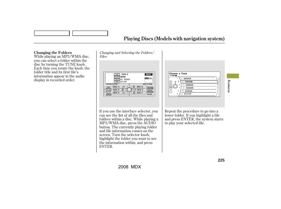 Playing discs (models with navigation system) | Acura 2008 MDX - Owner's Manual User Manual | Page 229 / 489