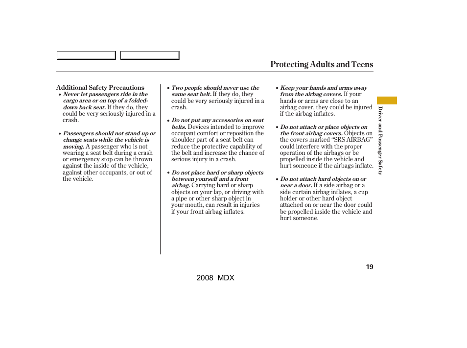 Protecting adults and teens | Acura 2008 MDX - Owner's Manual User Manual | Page 23 / 489