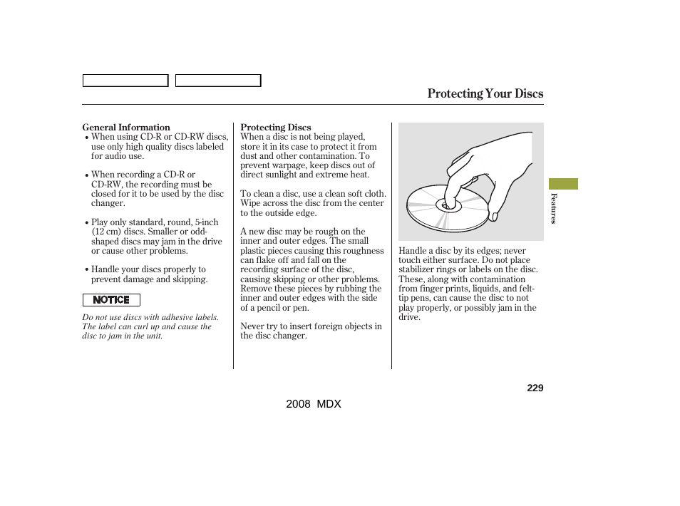 Protecting your discs | Acura 2008 MDX - Owner's Manual User Manual | Page 233 / 489