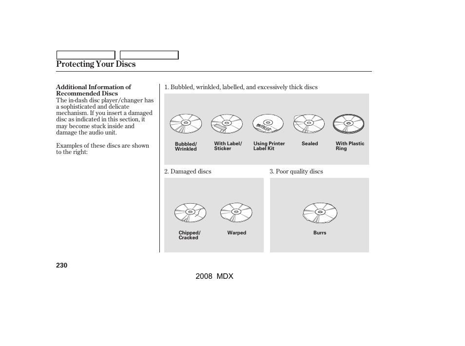 Protecting your discs | Acura 2008 MDX - Owner's Manual User Manual | Page 234 / 489