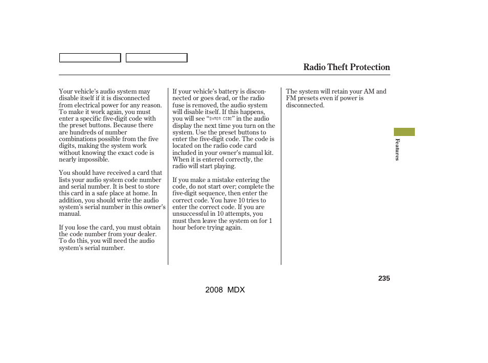 Radio theft protection | Acura 2008 MDX - Owner's Manual User Manual | Page 239 / 489