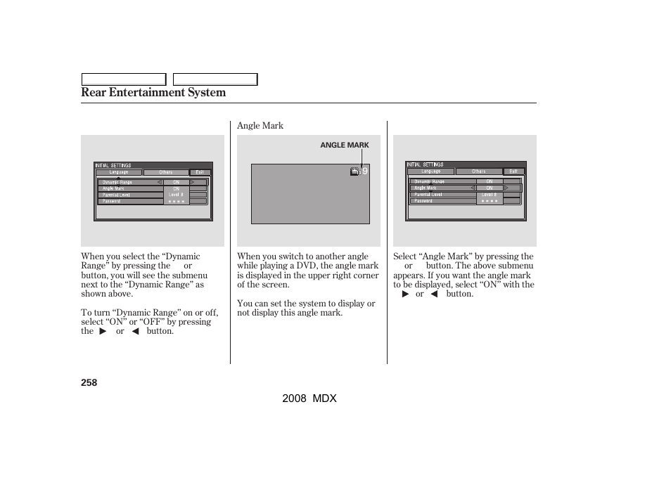 Rear entertainment system | Acura 2008 MDX - Owner's Manual User Manual | Page 262 / 489