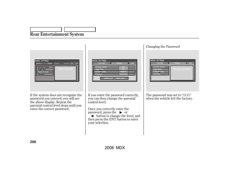 Rear entertainment system | Acura 2008 MDX - Owner's Manual User Manual | Page 264 / 489