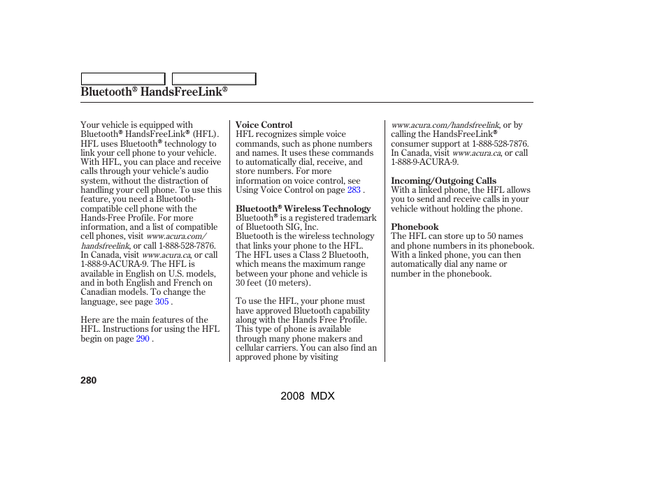 Bluetooth handsfreelink | Acura 2008 MDX - Owner's Manual User Manual | Page 284 / 489