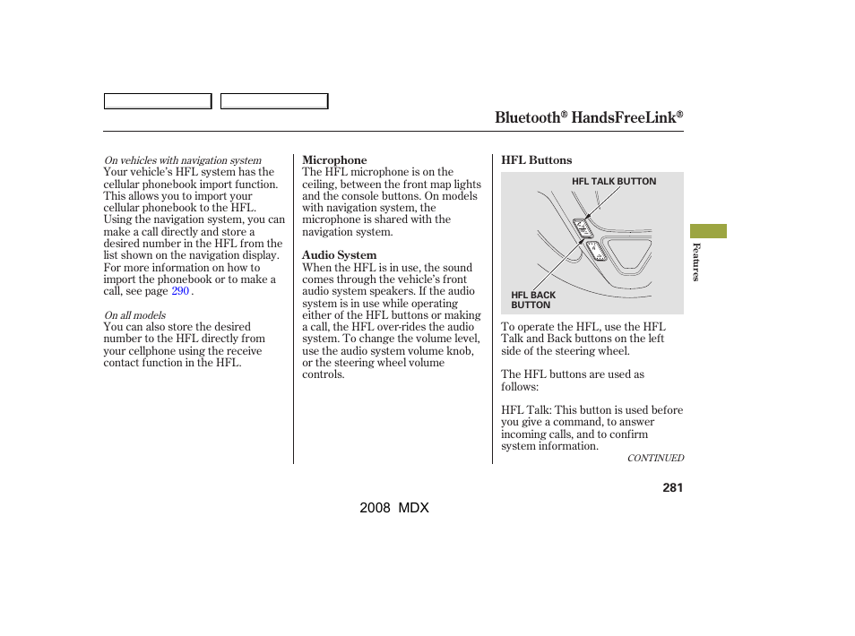 Bluetooth handsfreelink | Acura 2008 MDX - Owner's Manual User Manual | Page 285 / 489