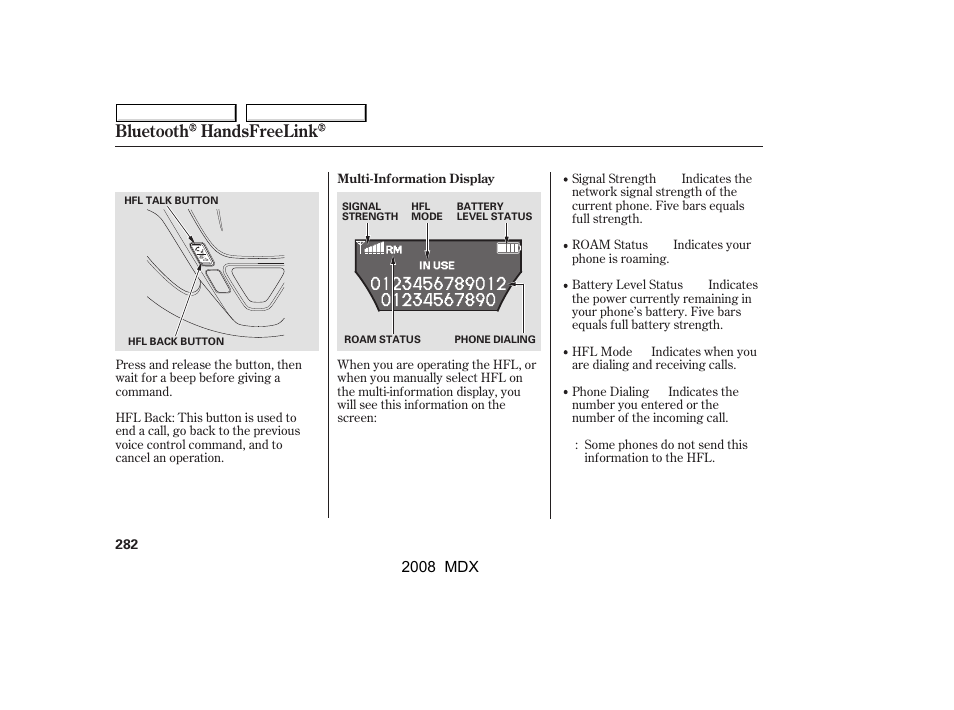 Bluetooth handsfreelink | Acura 2008 MDX - Owner's Manual User Manual | Page 286 / 489