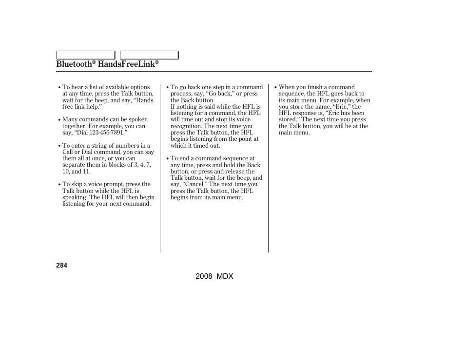 Bluetooth handsfreelink | Acura 2008 MDX - Owner's Manual User Manual | Page 288 / 489