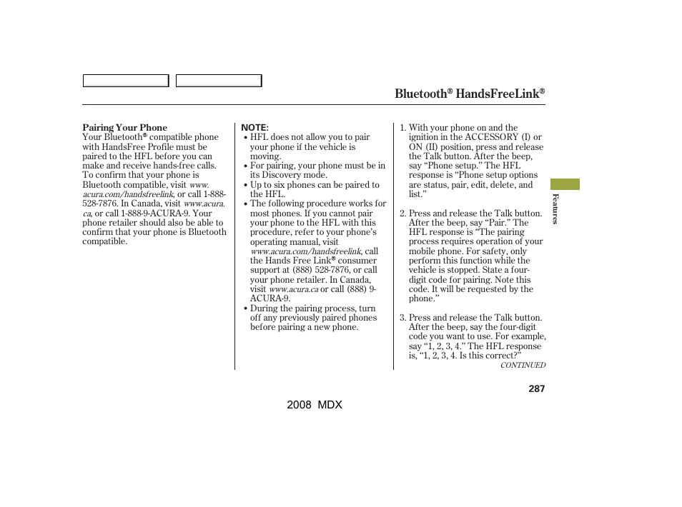 Bluetooth handsfreelink | Acura 2008 MDX - Owner's Manual User Manual | Page 291 / 489