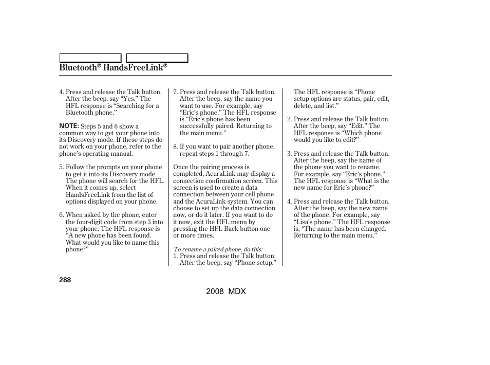 Bluetooth handsfreelink | Acura 2008 MDX - Owner's Manual User Manual | Page 292 / 489