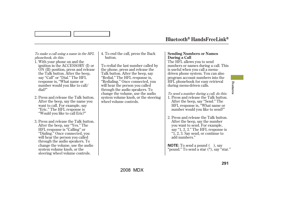 Bluetooth handsfreelink | Acura 2008 MDX - Owner's Manual User Manual | Page 295 / 489