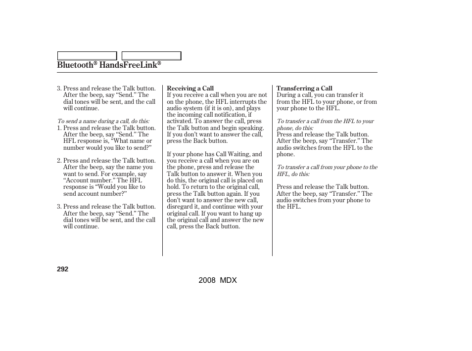 Bluetooth handsfreelink | Acura 2008 MDX - Owner's Manual User Manual | Page 296 / 489