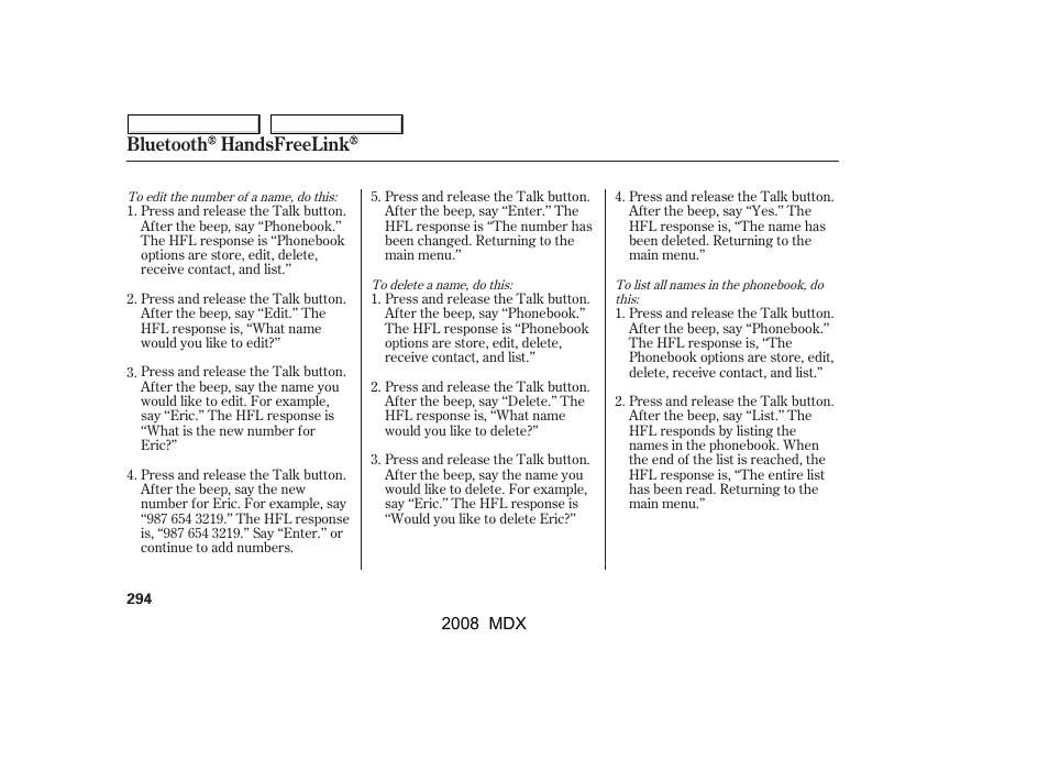 Bluetooth handsfreelink | Acura 2008 MDX - Owner's Manual User Manual | Page 298 / 489