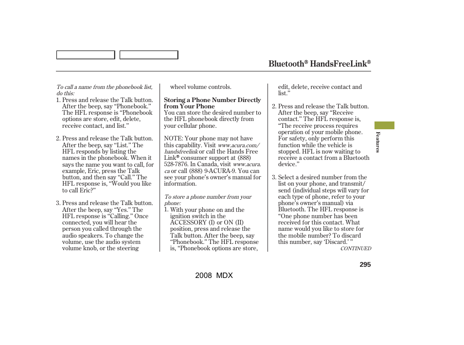 Bluetooth handsfreelink | Acura 2008 MDX - Owner's Manual User Manual | Page 299 / 489