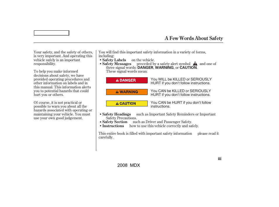 A few words about safety | Acura 2008 MDX - Owner's Manual User Manual | Page 3 / 489