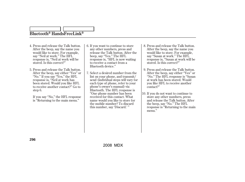 Bluetooth handsfreelink | Acura 2008 MDX - Owner's Manual User Manual | Page 300 / 489