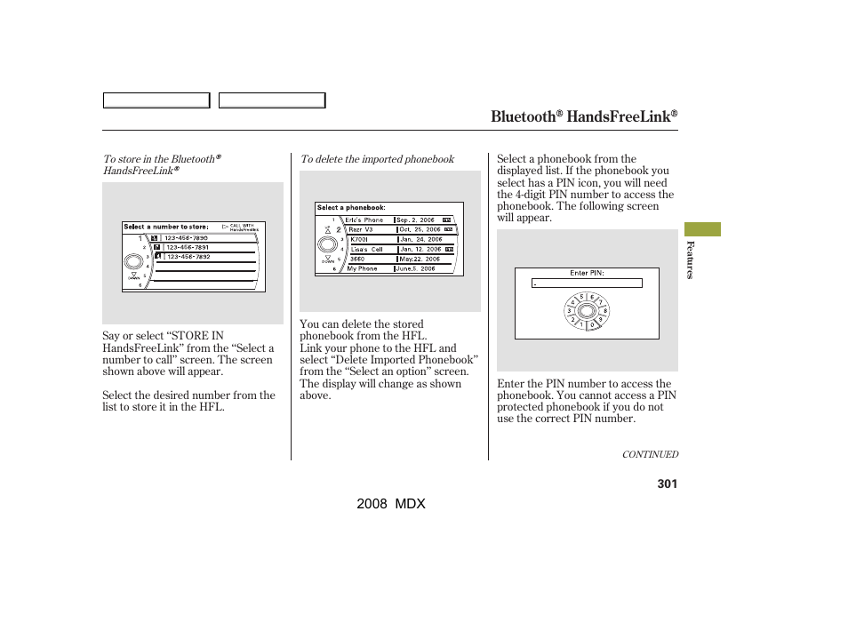 Bluetooth handsfreelink | Acura 2008 MDX - Owner's Manual User Manual | Page 305 / 489