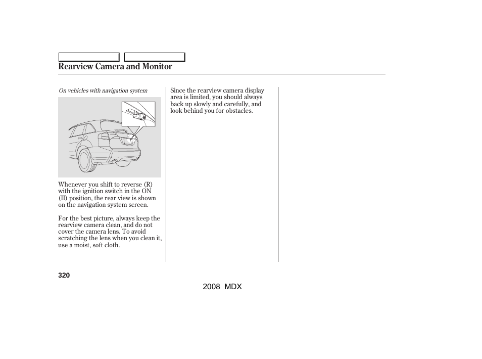 Rearview camera and monitor | Acura 2008 MDX - Owner's Manual User Manual | Page 324 / 489