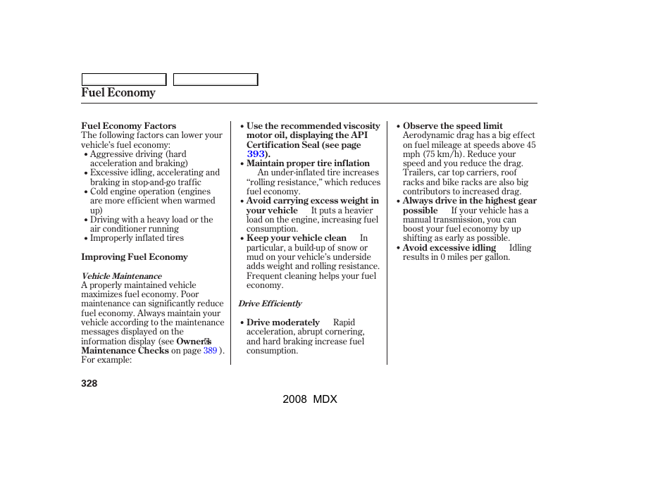 Fuel economy | Acura 2008 MDX - Owner's Manual User Manual | Page 332 / 489