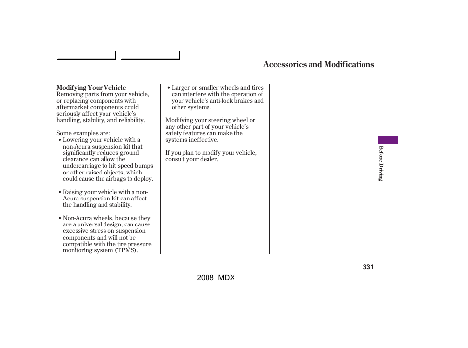 Accessories and modifications | Acura 2008 MDX - Owner's Manual User Manual | Page 335 / 489