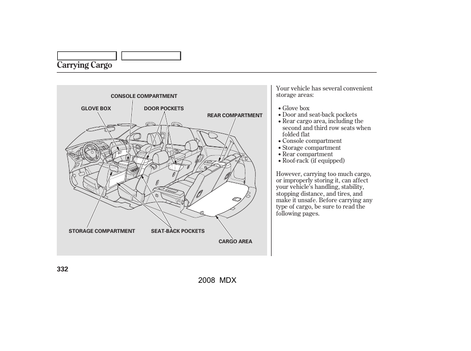 Carrying cargo | Acura 2008 MDX - Owner's Manual User Manual | Page 336 / 489