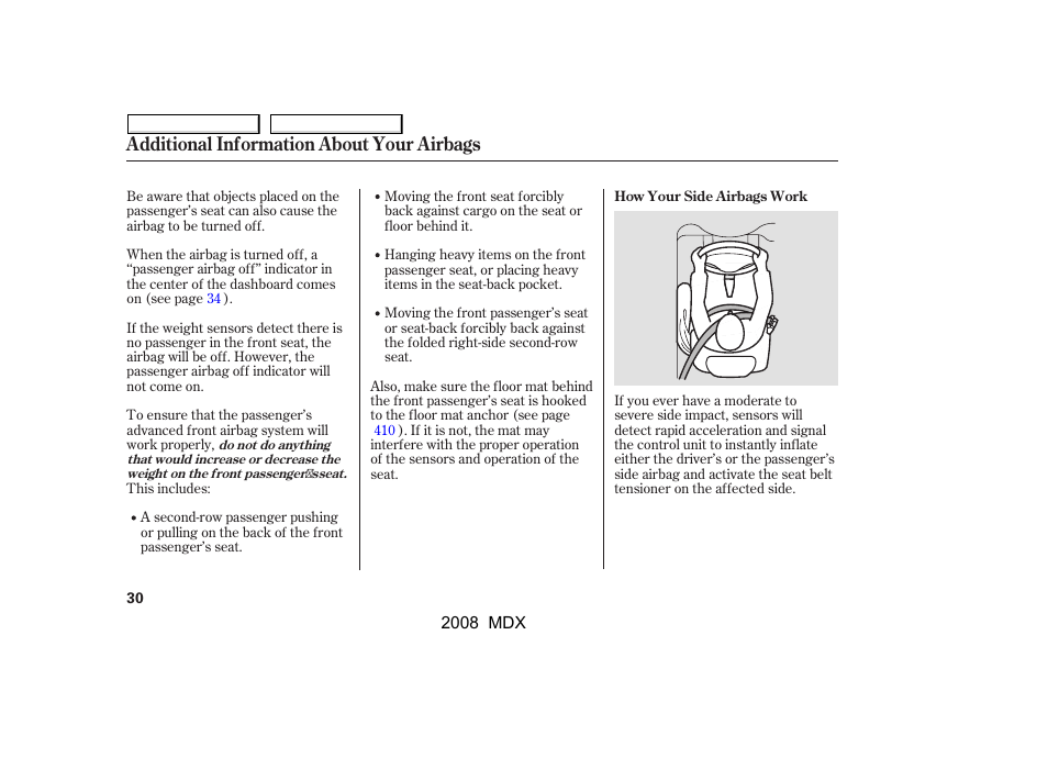 Additional information about your airbags | Acura 2008 MDX - Owner's Manual User Manual | Page 34 / 489