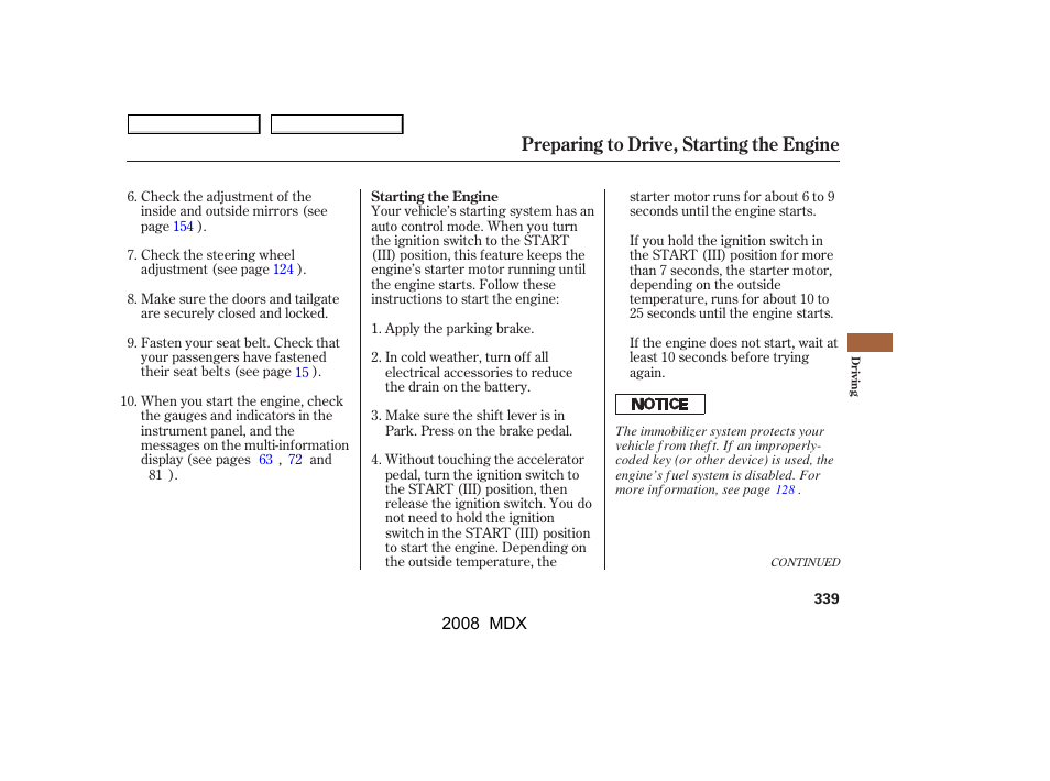 Preparing to drive, starting the engine | Acura 2008 MDX - Owner's Manual User Manual | Page 343 / 489