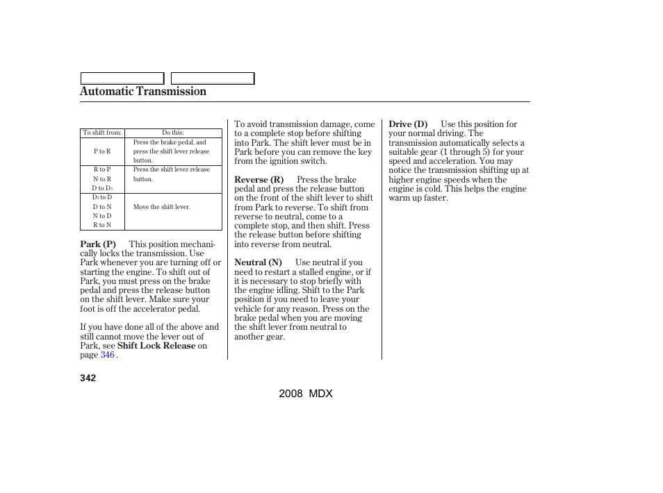 Automatic transmission, 2008 mdx | Acura 2008 MDX - Owner's Manual User Manual | Page 346 / 489